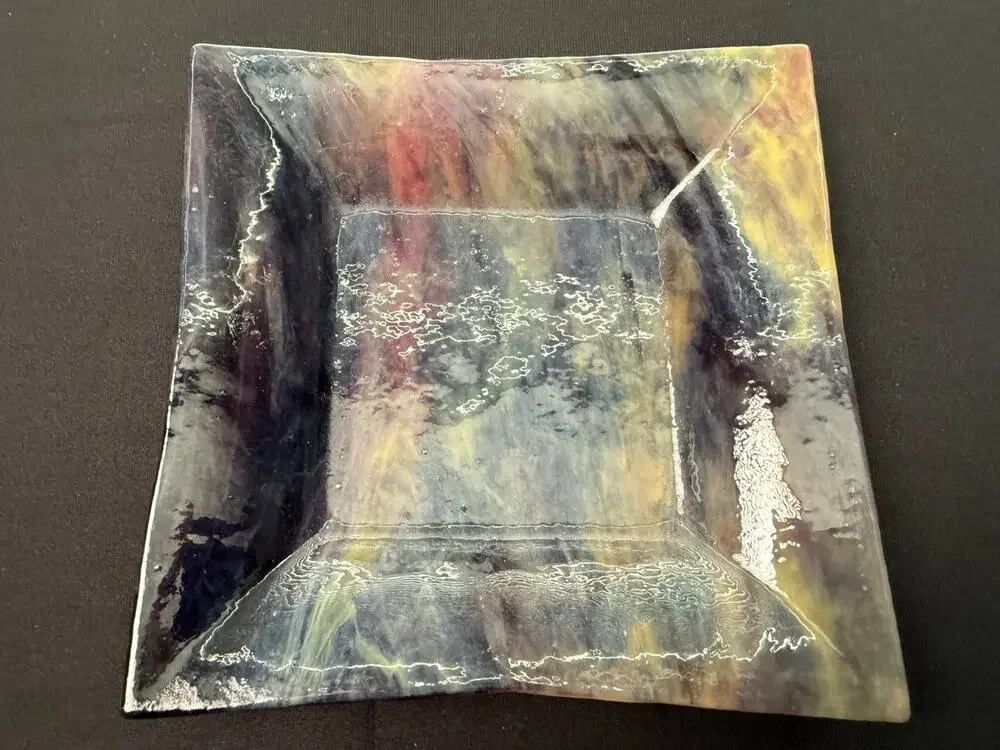 L Jones Signed 2006 Fused Studio Art Glass Plate Purple Gold Abstract Square